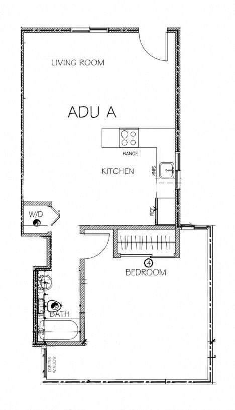 Floor plan for 1 bed, 1 bath, 600 sqft